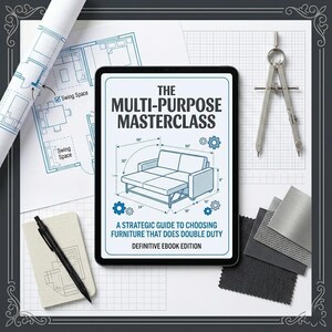 May include: A digital tablet shows "The Multi-Purpose Masterclass" with a sofa illustration and measurements. The image includes architectural blueprints, a compass, a notepad with a pen, and fabric swatches, all set against a grid background.
