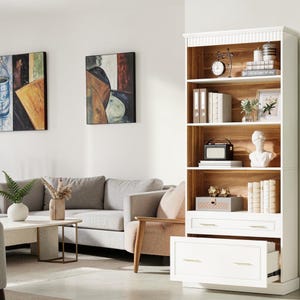 Hand-Finished White Library Bookcase, Legal File Drawer, 5-Tier Display