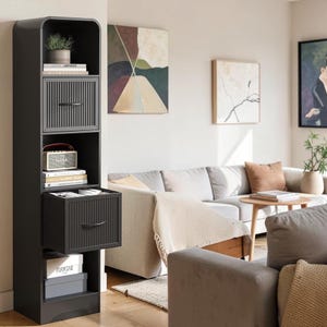 Arched Narrow Bookcase with Drawers, Modern Slim Storage Unit