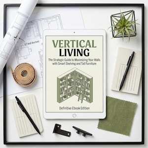 May include: A tablet showing the cover of an ebook titled "VERTICAL LIVING" with a bookshelf graphic. The image includes architectural plans, a roll of tape, a pen, a small plant in a geometric holder, and other design elements, all within a black frame.