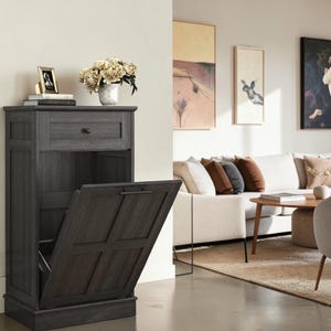 Farmhouse Tilt Out Trash Cabinet Hidden Bin Laundry Hamper Wood Storage Organizer