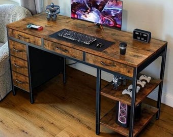 Hand-Finished Industrial Computer Desk, 6 Fabric Drawers, Adjustable Shelves
