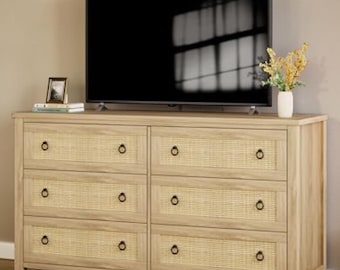Rattan Wooden Bedroom Dresser Storage Cabinet TV Stand for Nursery Entryway