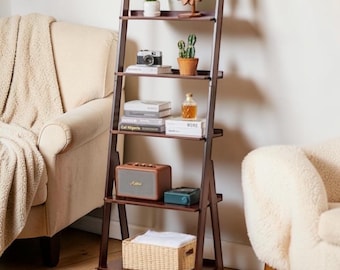 Hand-Finished Bamboo Ladder Shelf, Leaning Bookcase Plant Stand