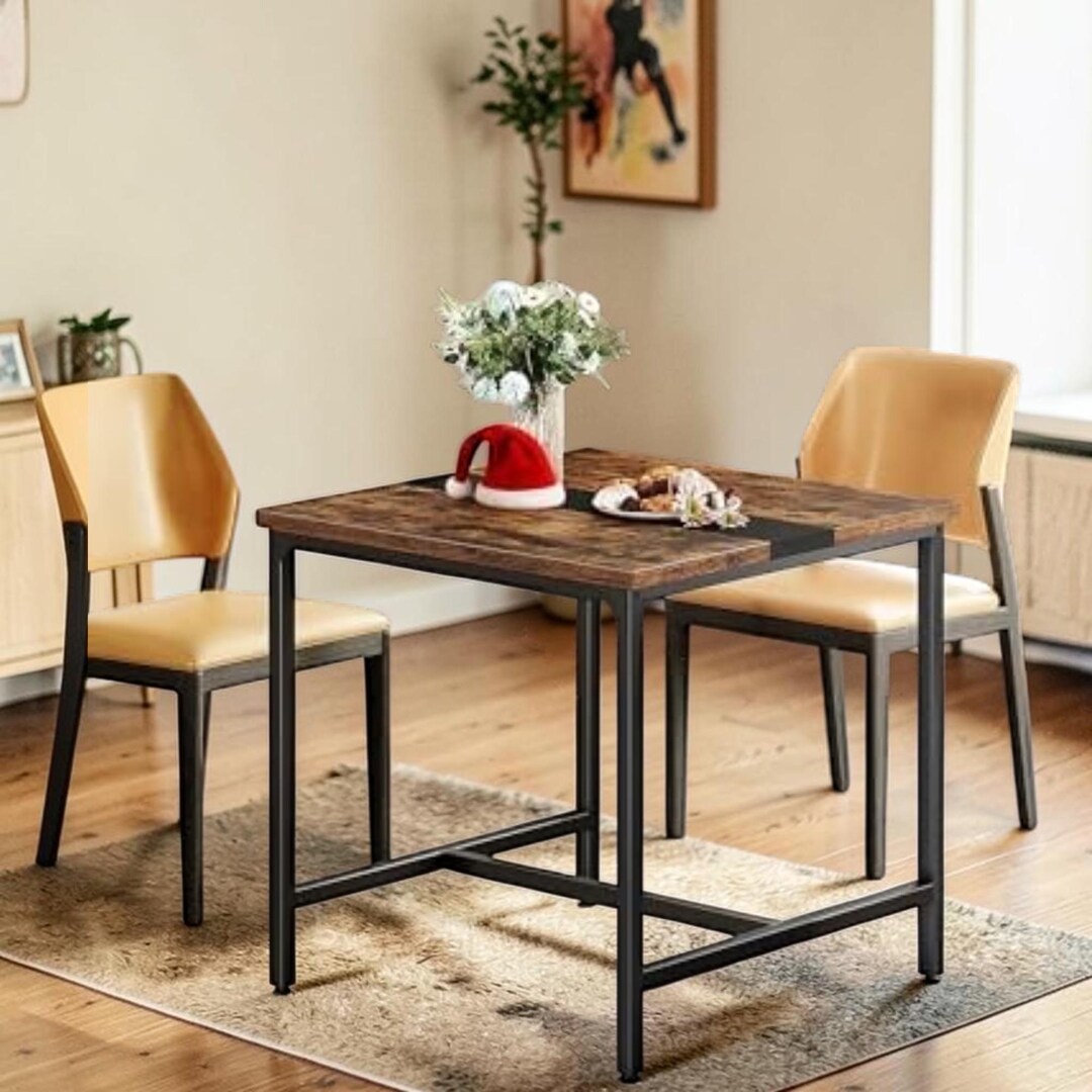Hand-finished Square Dining Table, Rustic Brown Wood, Industrial Black ...