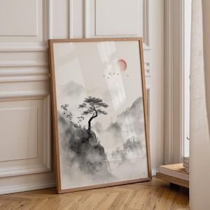 Nebelige Gipfel – Japanische Bergwandkunst, Sumi-e-Landschaftsdruck, Japandi Minimal Decor A1 A2