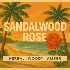 An illustrated advertisement with a beach scene, palm trees, and a large orange rose. The text reads "Sandalwood Rose" above a banner that says "Herbal • Woody • Amber". The background is a gradient of orange and yellow.