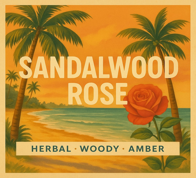 An illustrated advertisement with a beach scene, palm trees, and a large orange rose. The text reads "Sandalwood Rose" above a banner that says "Herbal • Woody • Amber". The background is a gradient of orange and yellow.