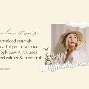 May include: Image with text: "How does it work" followed by four steps. A woman wearing a hat and white shirt holds a pastry. The background is a light beige color with torn paper accents and flowers.