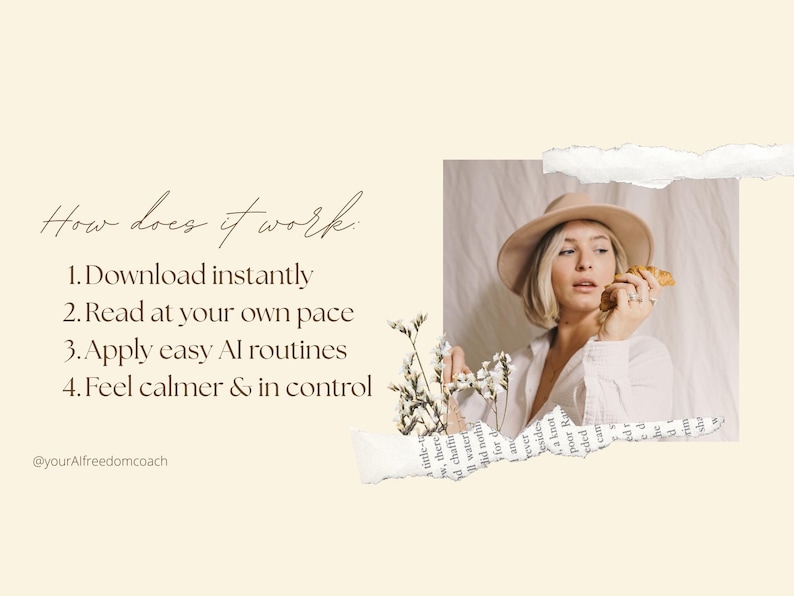 May include: Image with text: "How does it work" followed by four steps. A woman wearing a hat and white shirt holds a pastry. The background is a light beige color with torn paper accents and flowers.