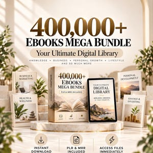 Op de afbeelding: Een digitale productset met een doos en tablet met het label 400,000+ EBOOKS MEGA BUNDLE, Your Ultimate Digital Library. De omliggende boeken zijn getiteld Business & Marketing, Health & Wellness, Personal Development en Finance & Investing.