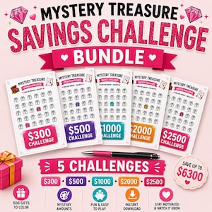 May include: A Mystery Treasure Savings Challenge bundle featuring five printed sheets with gift icons to color. The sheets display challenge goals of $300, $500, $1000, $2000, and $2500. A black and pink pen lies across the sheets, with a pink gift box nearby.