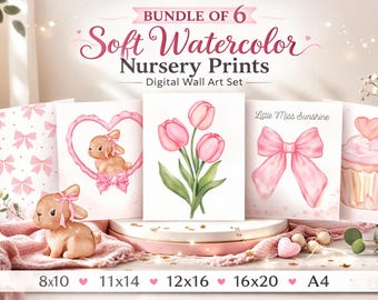 Pacote de Impressões para Quarto de Bebê em Tons de Rosa Suave – Arte de Parede com Coelho, Tulipa e Cupcake (Download Digital, 5 tamanhos)