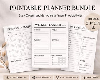 Pacote de Planejamento Minimalista -50% de desconto | Diário, Semanal e Mensal | Conjunto de Planejamento para Imprimir