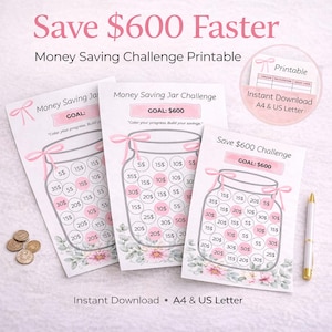 May include: Printable money saving challenge sheets with a jar design. The text "Save $600 Faster" and "Money Saving Challenge Printable" are at the top. Each sheet has a goal of $600, with circles to color in as savings are made. Includes a pen and coins.