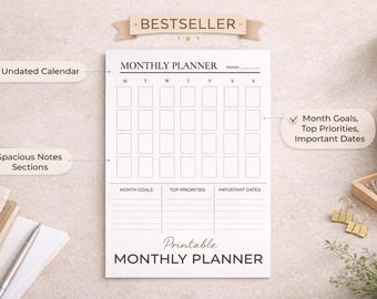 Planejador Mensal Minimalista – Calendário sem Data, Metas, Prioridades (A4, Carta EUA) (Download Digital)