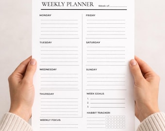 Planejador Semanal Minimalista para Imprimir | Organize sua Semana | Rastreador de Hábitos e Metas Semanais | Download Instantâneo