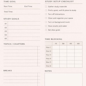 May include: A Study Session Planner with sections for time goals, study goals, topics, and breaks. Includes a study setup checklist and a time-blocking grid. The planner is light beige with black text.