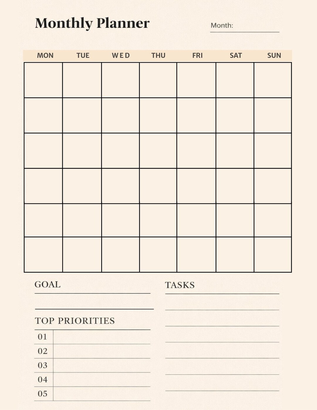 Monthly Printable | Undated Calendar Page | Minimal Beige PDF - Etsy