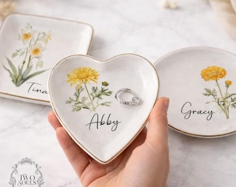 Handmade Personalized Birth Flower Ring Dish-Engraved Ceramic Jewelry Tray-Birth Flower Trinket Dish-Gift For Her-Bridesmaid Gifts