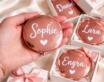 Personalized Compact Mirror with Gift Box - Bridesmaid Proposal Box - Engraved Round Pocket Mirror -Bridesmaids Gifts - Wedding Favors