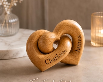 Personalized Interlocking Wooden Hearts | Custom Couple Names, Anniversary Keepsake