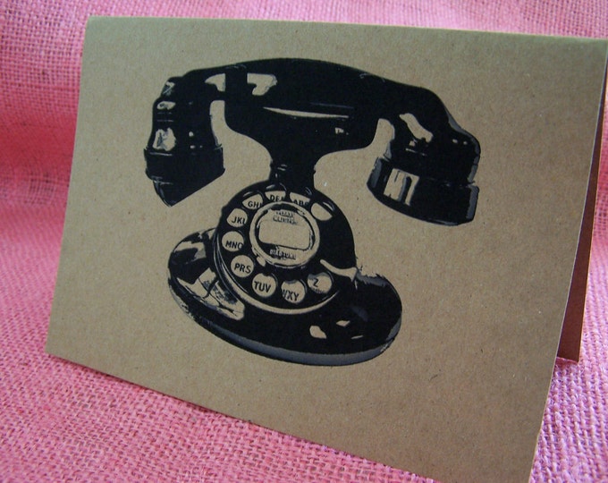 Vintage Telephone Stationary Set of ANY 3 Greeting Note Cards Invitation Brown Recycled Kraft Cardstock with matching envelope 5 x 7"