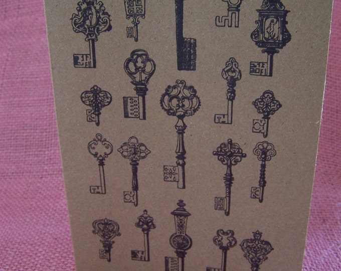 Collection of Skeleton Keys Set of ANY 3 Greeting Note Cards Invitation Brown Recycled Kraft Cardstock with matching envelope 5 x 7"