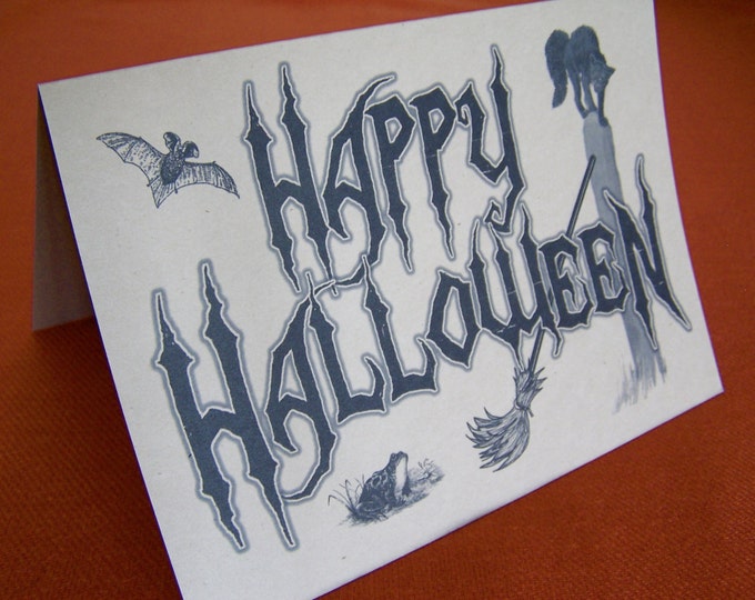 SET OF ANY 3 cards Happy Halloween Black Cat Bat Note Card Invitation on Kraft Cardstock with matching envelope 5 x 7"