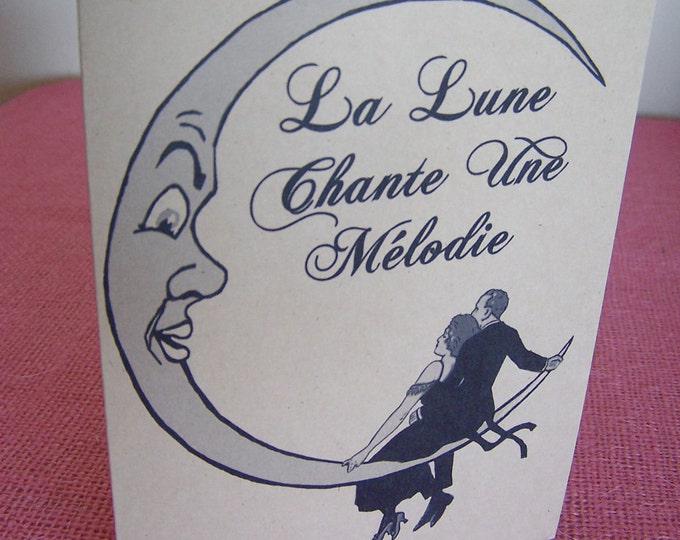 Romantic "La Lune Chante Une Melodie" Set of ANY 3 Greeting Note Cards Invitation Recycled Kraft Cardstock with matching envelope 5 x 7"