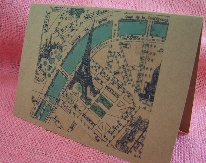 Map of Paris, France Eiffel Tower Seine Set of ANY 3 Greeting Note Cards Invitations Kraft Cardstock with matching envelopes 5 x 7"