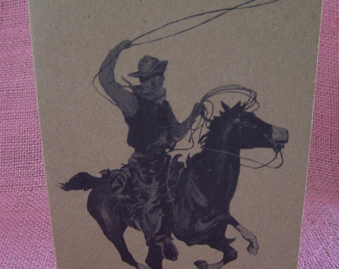 Cowboy on Horseback with Lasso Set of ANY 3 Greeting Note Cards Invitations Kraft Heavy Cardstock with 3 matching envelopes 5 x 7"