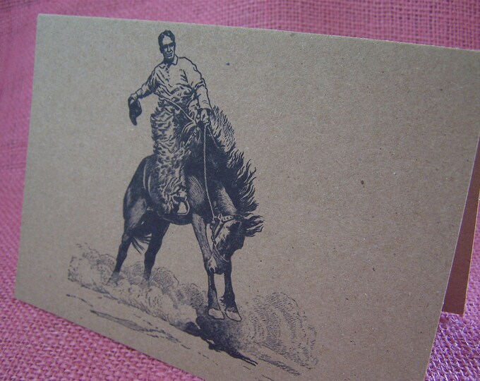 Rodeo Cowboy on Bucking Bronco Horse SET OF ANY 3 Greeting Note Cards Invitations Recycled Kraft Cardstock with matching envelopes 5 x 7"