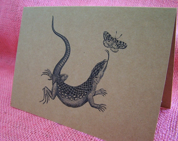 Lizard and Butterfly Set of ANY 3 Greeting Note Cards Invitations printed on Recycled Brown Kraft Cardstock with matching envelope 5 x 7"