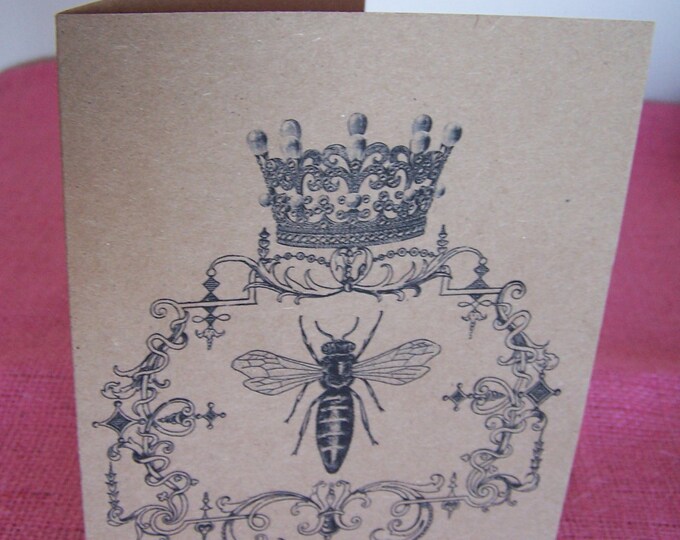 Queen Bee  Set of any 3 Greeting Note Cards Invitations printed on Recycled Kraft Cardstock with matching envelopes 5 x 7"