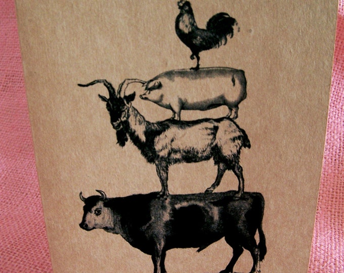 Stacked Farm Animals  Set of ANY 3 Greeting Blank Note Cards Invitation Recycled Kraft Cardstock with matching envelopes 5 x 7"