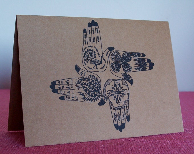 Mehndi Tatoo Hands Wedding Set of ANY 3 Greeting Note Cards Invitation Brown Recycled Kraft Cardstock with matching envelope 5 x 7"