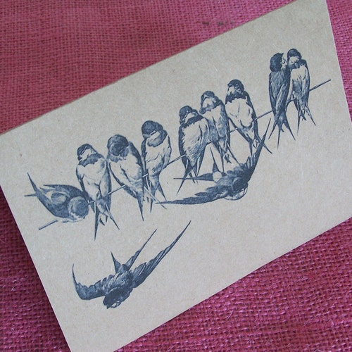 Birds on a Wire Set of ANY 3 Greeting Note Cards Invitations Kraft Cardstock with matching envelope 5 x 7"