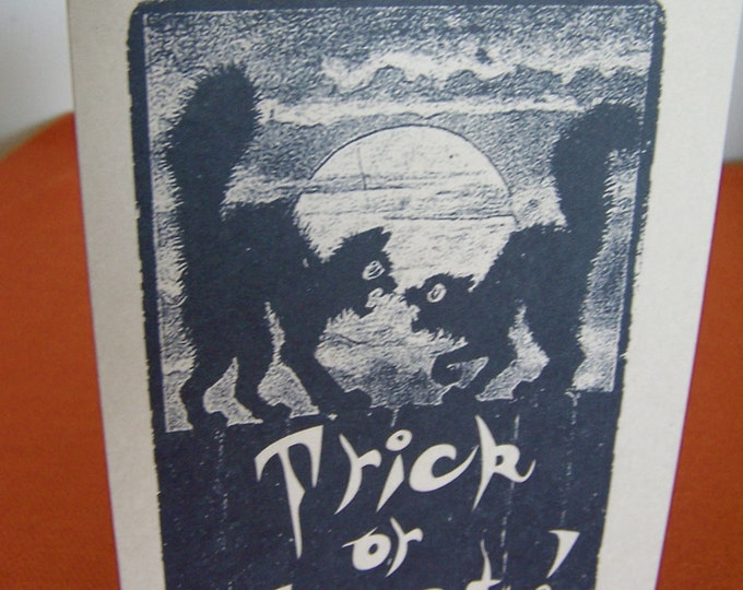 SET OF ANY 3 Black Cats Halloween Trick Or Treat Note Card printed on Kraft Heavy Cardstock with matching envelope 5 x 7"