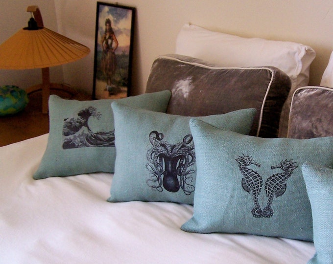 Ready to Ship FREE! 3 Pillow Covers: Seahorse, Octopus, AND Hokusai's "The Great Wave" Cottage Style Blue Green Burlap Pillow Cover 11 X 15