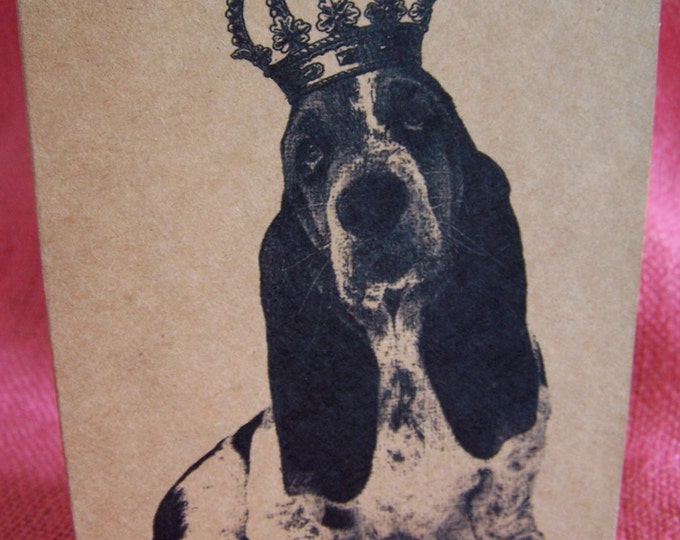 Basset Hound Dog With Crown  Set of ANY 3 Greeting Note Cards Invitations Kraft Cardstock matching envelopes 5 x 7"