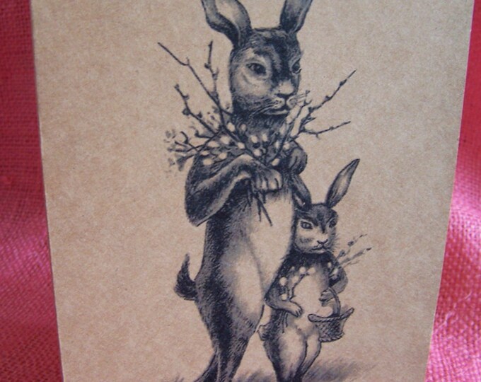 Set of ANY 3 Cards Vintage Bunny Rabbit Note Card Party Easter Invitation printed on Kraft Cardstock with matching envelope 5 x 7"