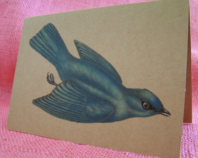 Flying Blue Bird SET OF ANY 3 Greeting Note Cards Invitations Recycled Brown Kraft Cardstock with matching envelope 5 x 7"