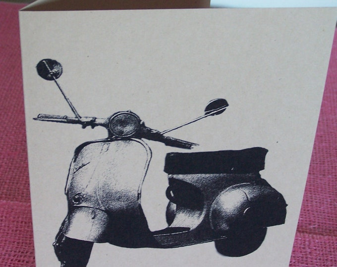 Cool Mod Vespa Scooter  Set of ANY 3 Greeting Note Cards Invitation Kraft Heavy Cardstock with matching envelope 5 x 7"