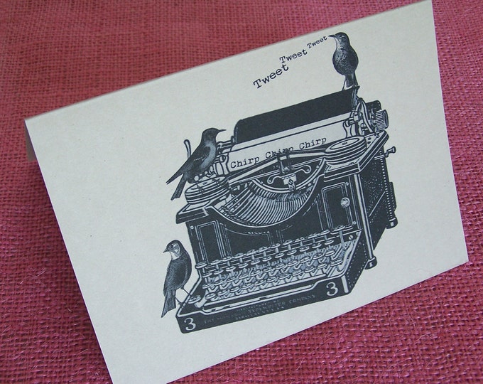 Vintage Typewriter with Birds Set of ANY 3 Greeting Note Cards Invitations Recycled Brown Kraft Cardstock with matching envelopes 5 x 7"