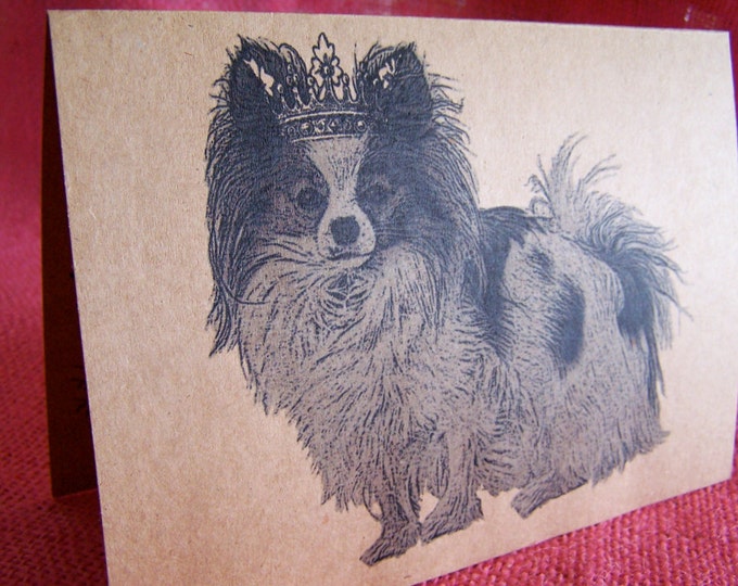 Papillon Dog With Crown Set of ANY 3 Greeting Note Cards Invitations Kraft Cardstock with matching envelopes 5 x 7"