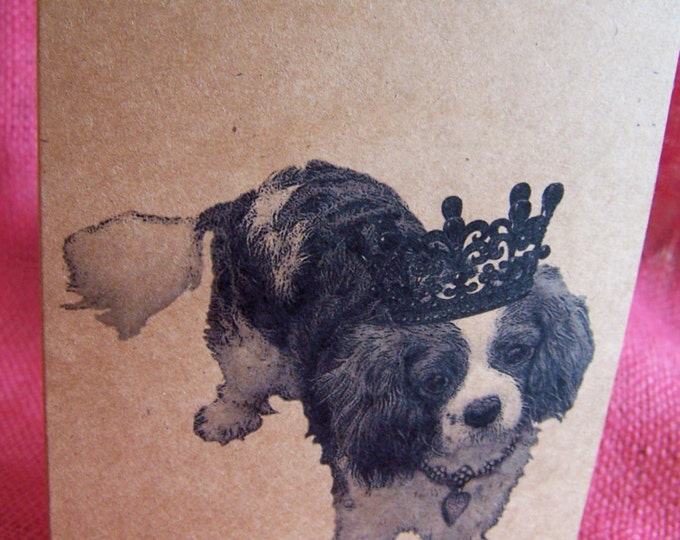 Cavalier King Charles Spaniel Dog With Crown Full Body Set of ANY 3 Greeting Note Cards Invitations Kraft Cardstock matching envelopes 5 x 7