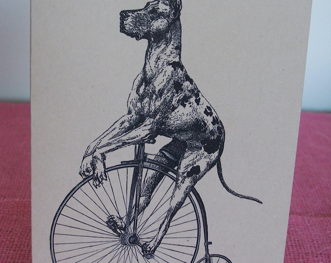 Great Dane Dog on Vintage Bicycle Set of ANY 3 Greeting Note Card Invitation Brown Recycled Kraft Cardstock with matching envelopes 5 x 7"