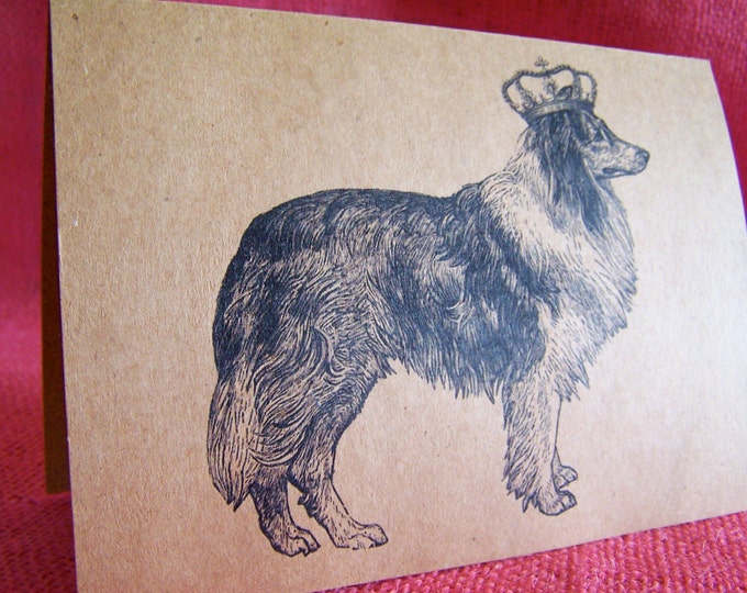 Rough Coated Collie Lassie Dog With Crown Set of ANY 3 Greeting Note Cards Invitations Kraft Cardstock matching envelopes 5 x 7"