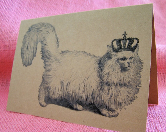 Vintage Persian Cat with Crown SET OF ANY 3 Greeting Note Cards Invitations Recycled Brown Kraft Cardstock with matching envelope 5 x 7"